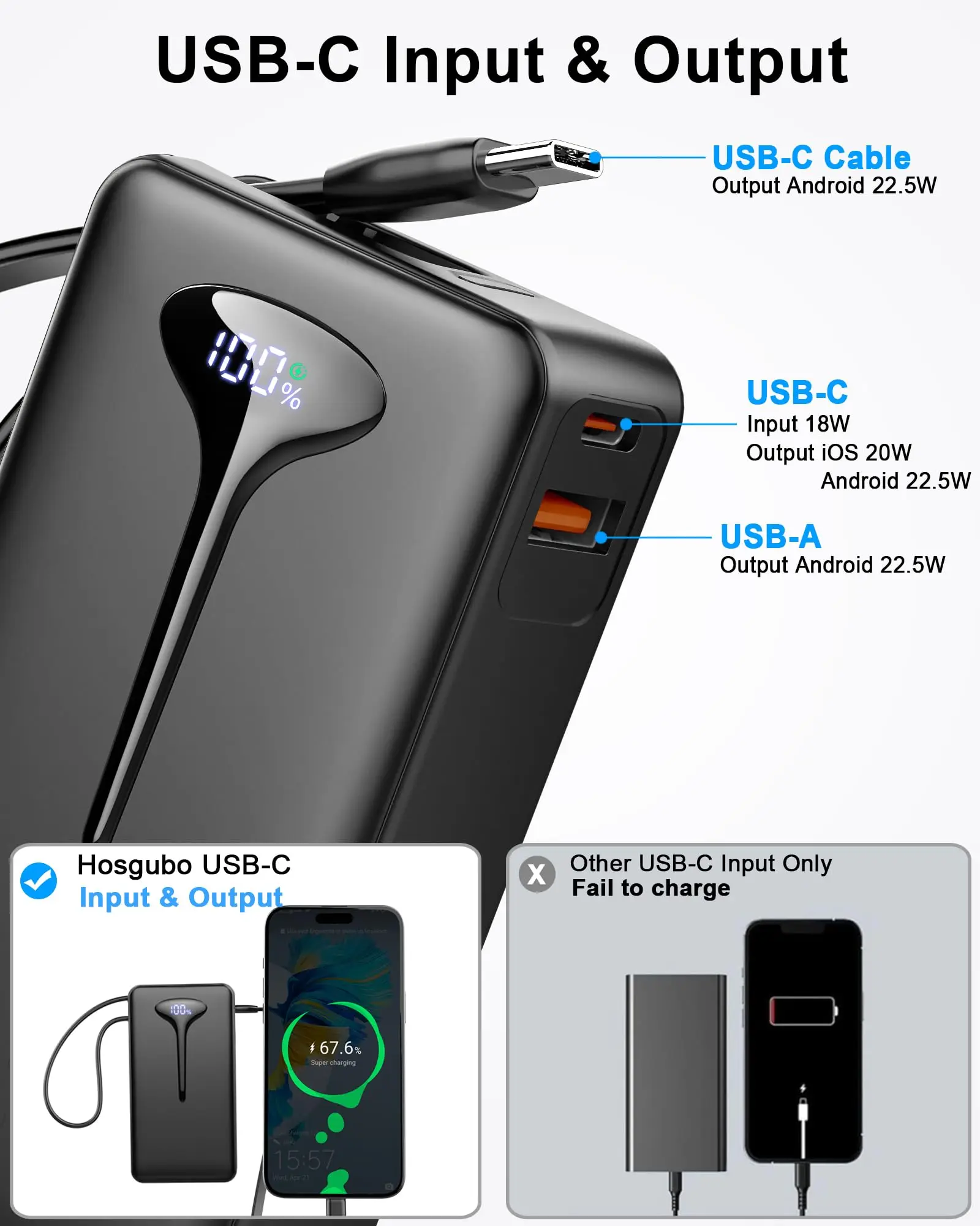 10000mAh Portable Charger Power Bank with 22.5W Fast Charging, USB-C In&Out, Built-in Cable,Travel Essentials for iPhone,Android - Image 4