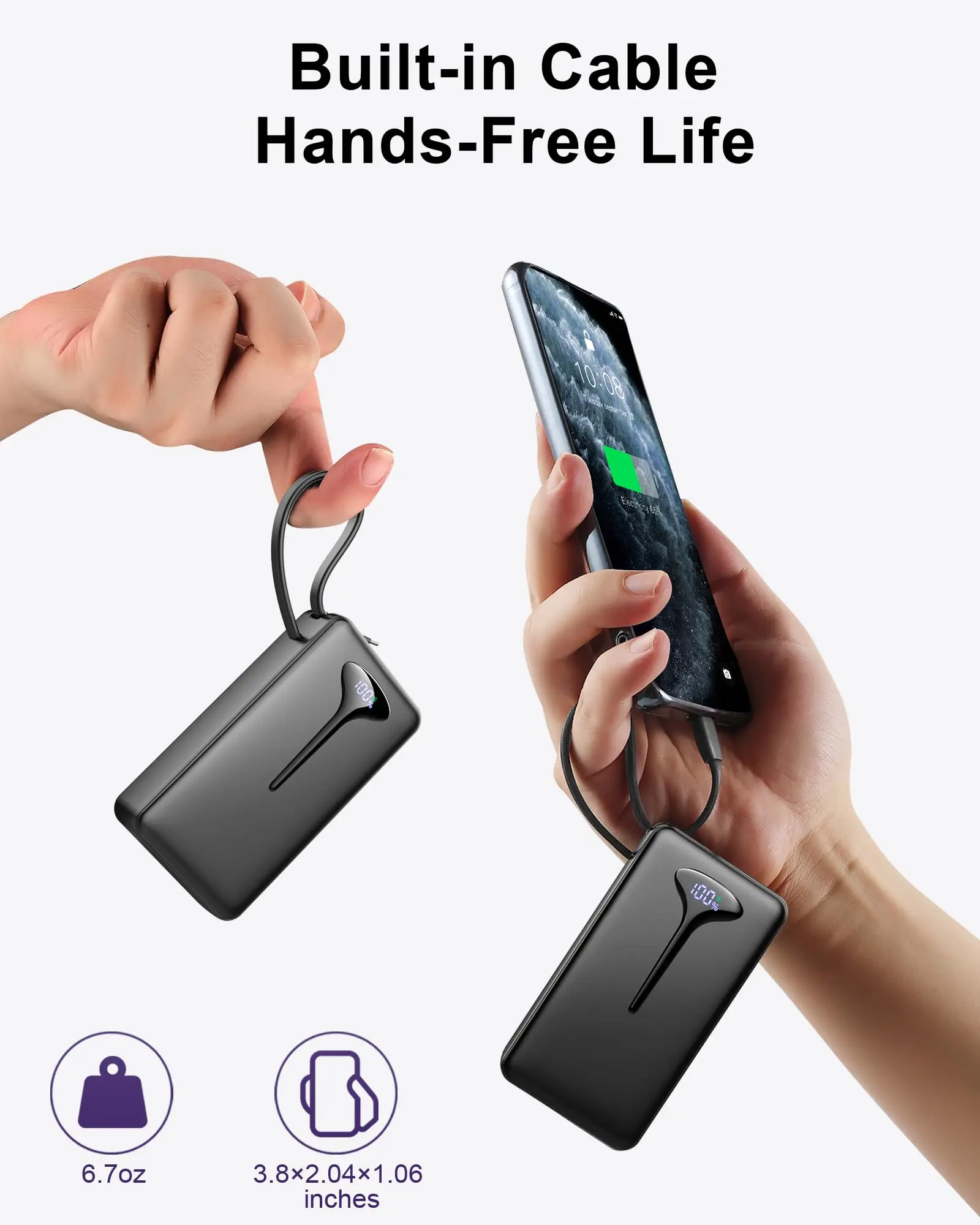 10000mAh Portable Charger Power Bank with 22.5W Fast Charging, USB-C In&Out, Built-in Cable,Travel Essentials for iPhone,Android - Image 3